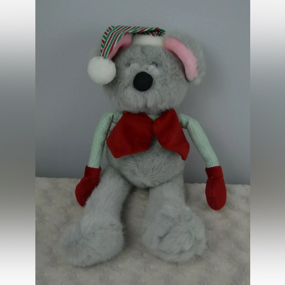 Hugfun Grey Mouse Plush Stuffed Animal With Long Legs Red Hat Vest Green Stripes